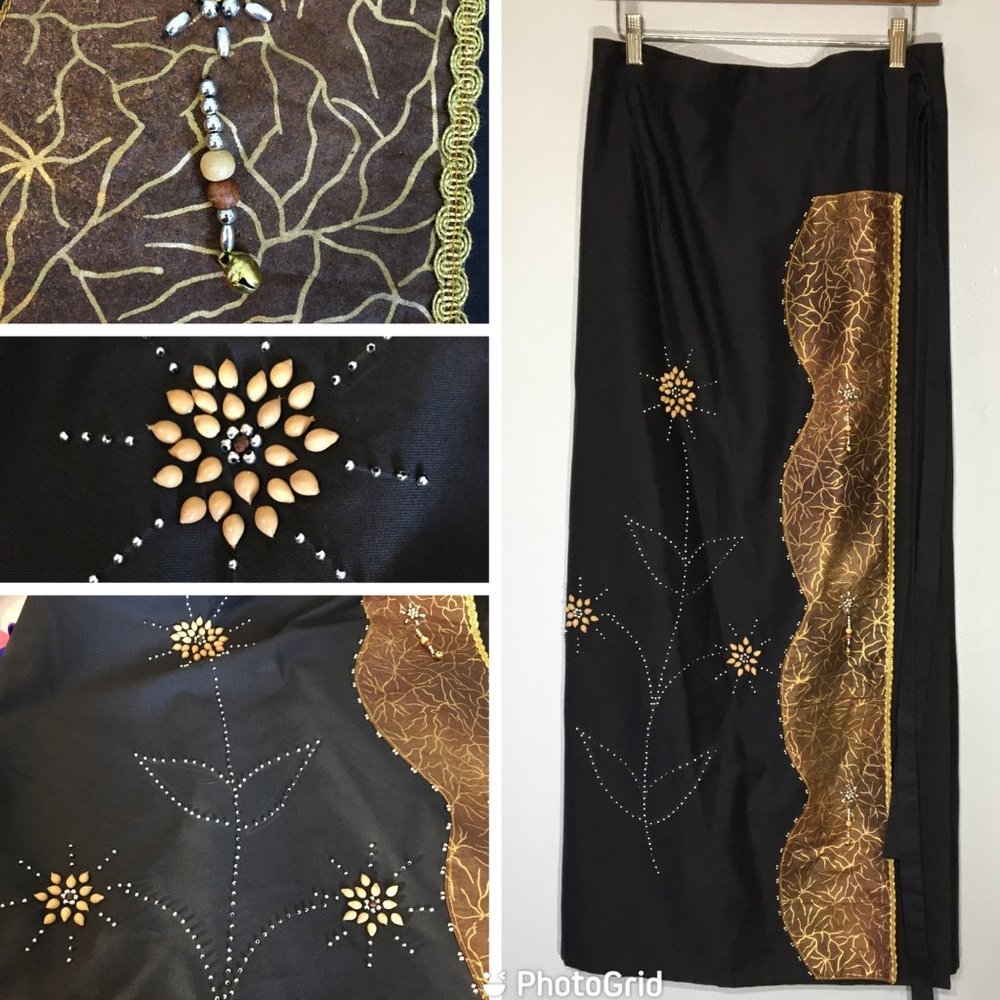 Vintage Black Wrap Maxi Skirt Hand Beaded Embellishments with Bells, Boho Hippie